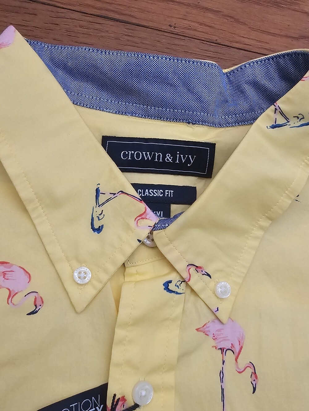 Crown & Ivy Yellow Flamingo Print Short-Sleeve Button-Down Shirt Sz XXL